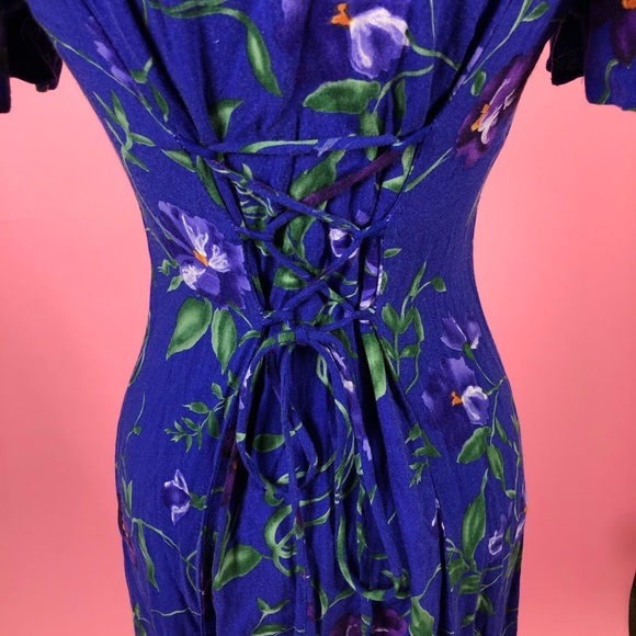 Vintage 80s floral button up purple midi dress 6S - Picture 3 of 7